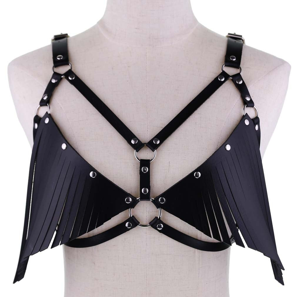 Bikini Bra PU Leather Fringed Sling Bra Straps Chest Strap Waist Belt