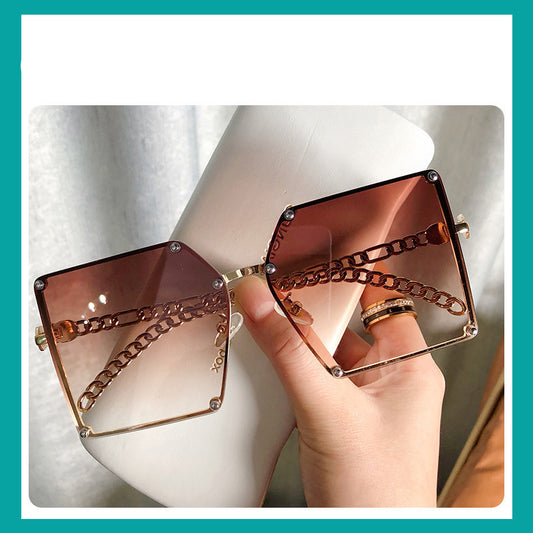 Frameless Big Square Sunglasses Women Fashion Street Shooting G New Sunglasses Personality Metal Chain Trendy Glasses