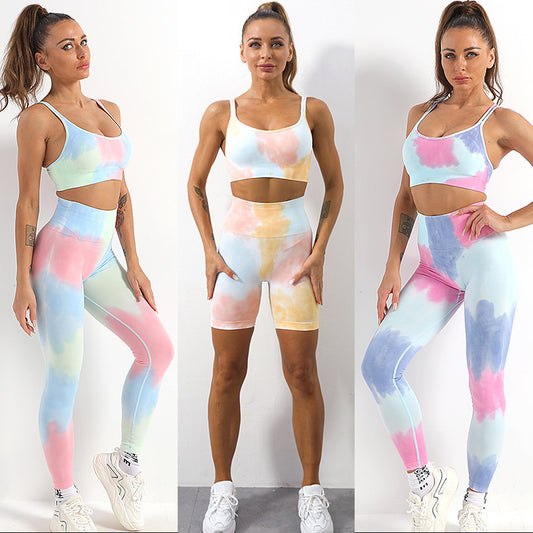 New Yoga Sports Lingerie Painted Double Strap Bra Shorts Set