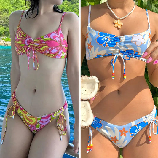 Ladies Printed Lace-Up Split Swimsuit Bikini