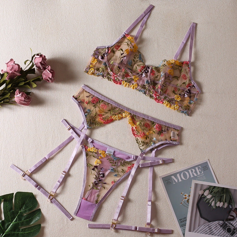 Women's Fashion Floral Bra Panty Garter Set