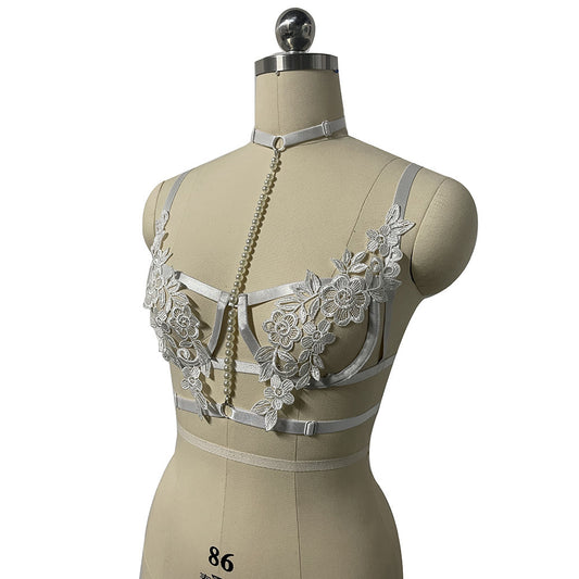 Lace Up Pearl Embroidered Bra Fashion